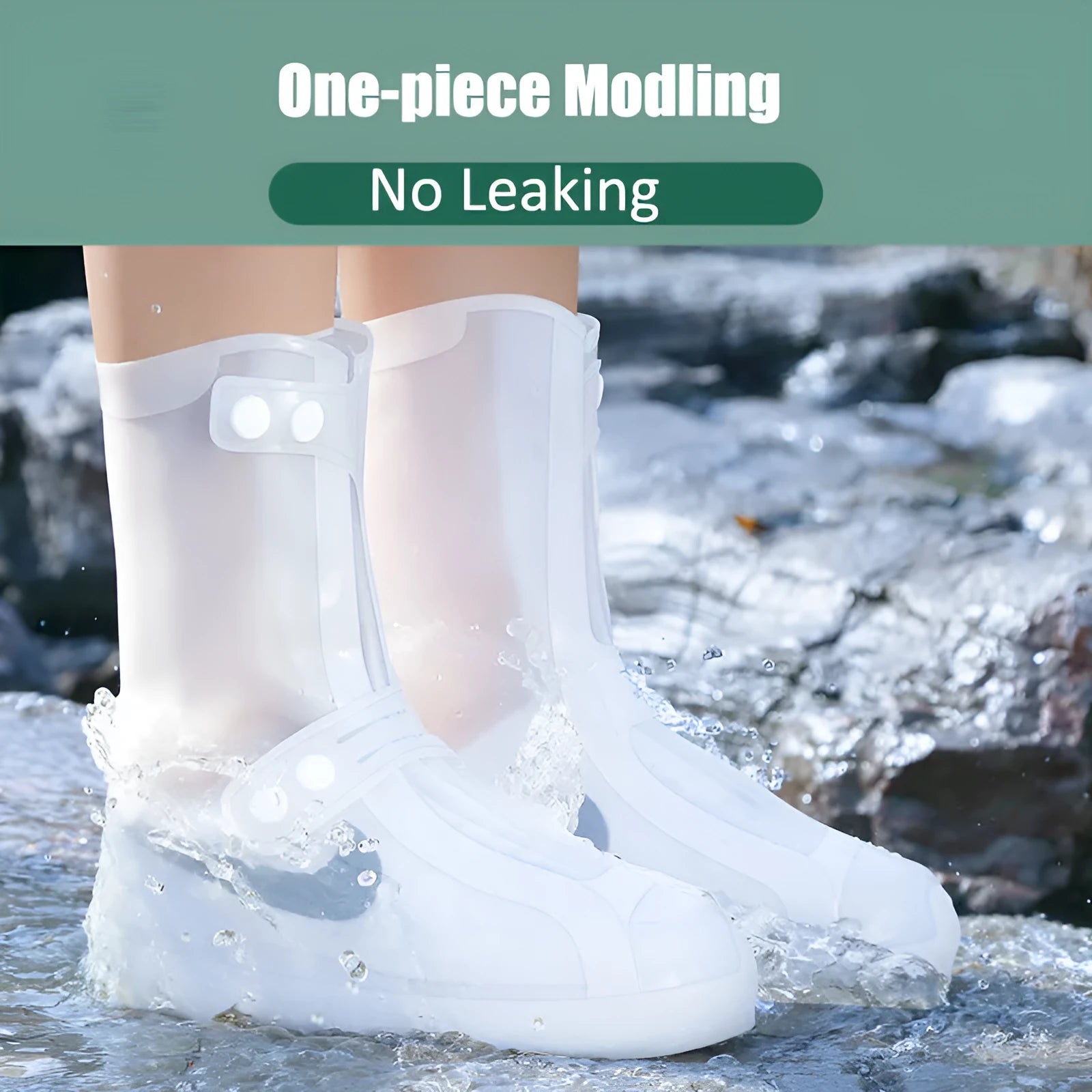 White high-top reusable PVC waterproof shoe covers with anti-skid sole on a wet surface.