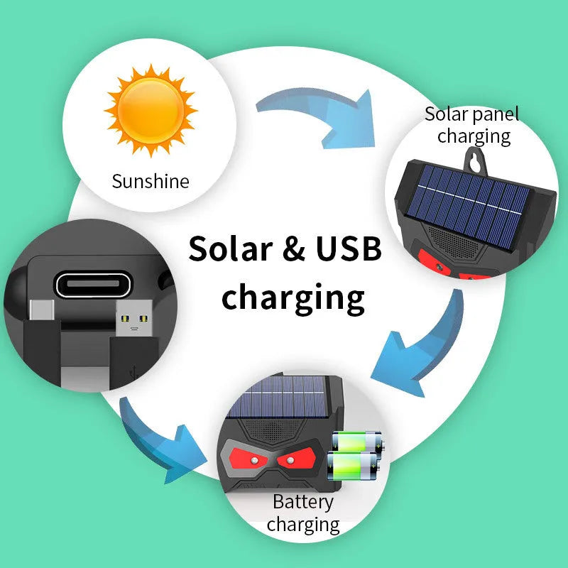 Black solar-powered ultrasonic animal repeller for garden and yard protection