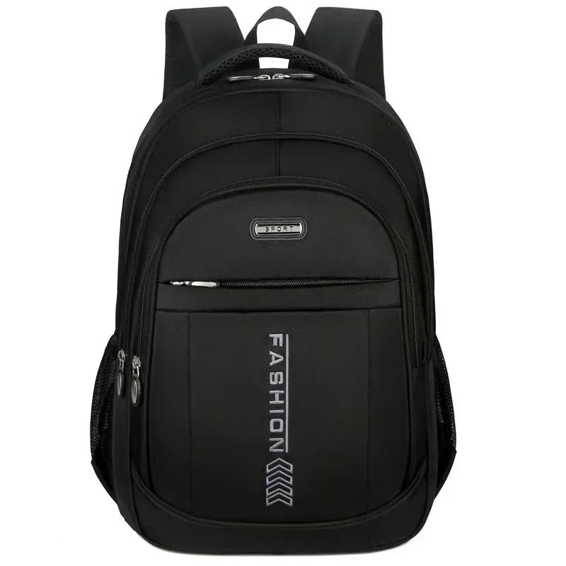Blue business travel backpack with airpillow straps and sewing line detail on Oxford cloth.