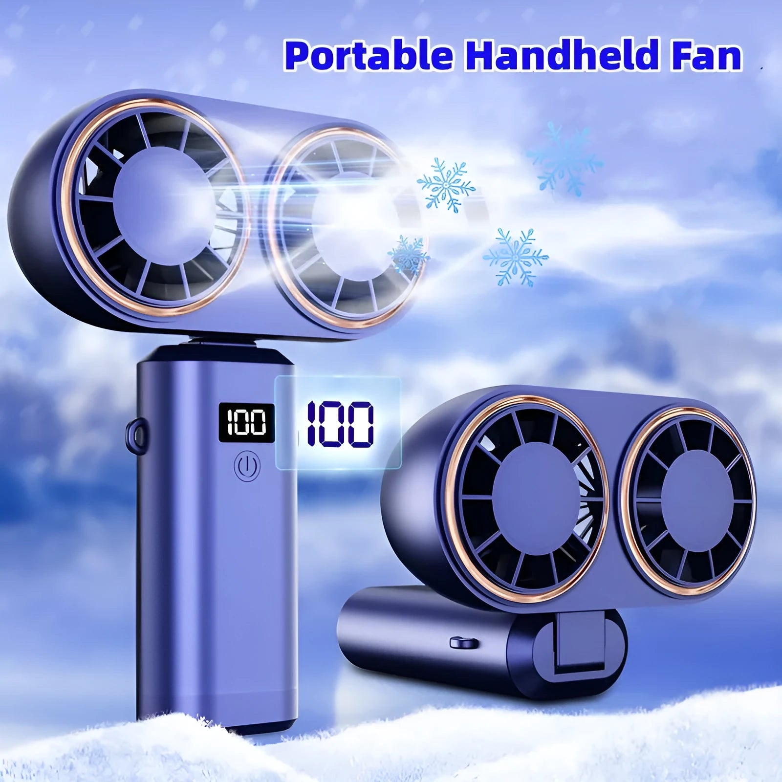 Handheld portable fan with folding neck, digital display and USB charging port