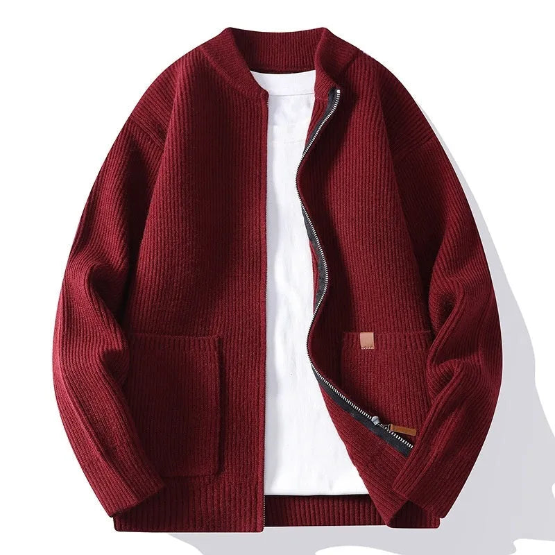 Men's straight-fit striped sweater cardigan in a choice of five colours on a size chart.