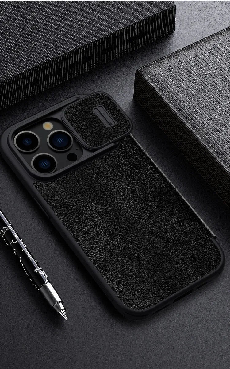 Black imitation leather flip phone case for iPhone, shown open and closed.