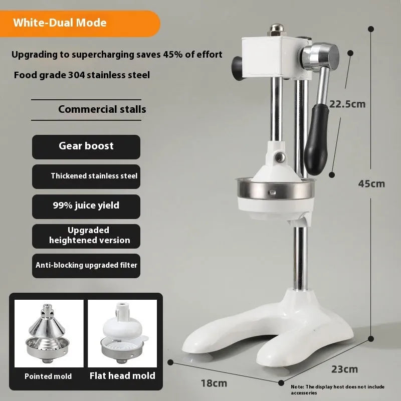 Vertical stainless steel and zinc alloy manual citrus juicer on a kitchen counter.