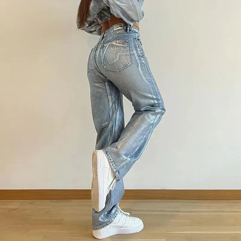 Women's high waist straight leg jeans in washed blue denim with hot silver contrast colour street hipster styling