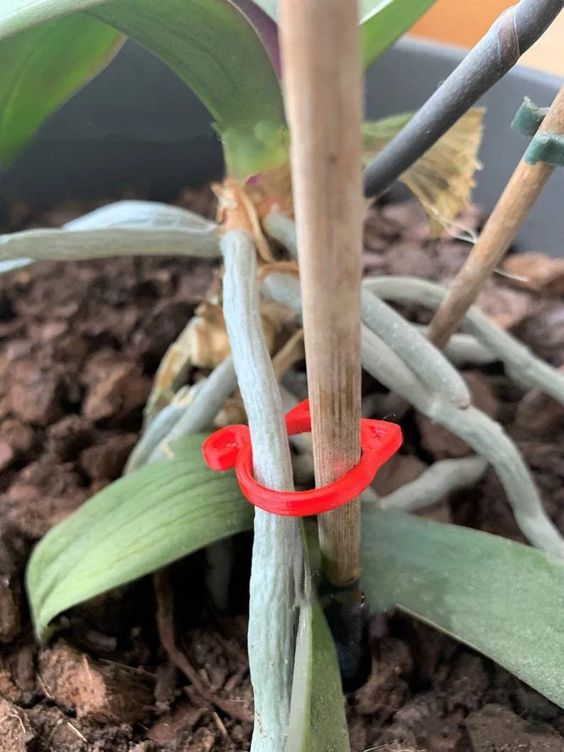 Small cat-shaped plastic clip for gardening in red, yellow, green, and white colours