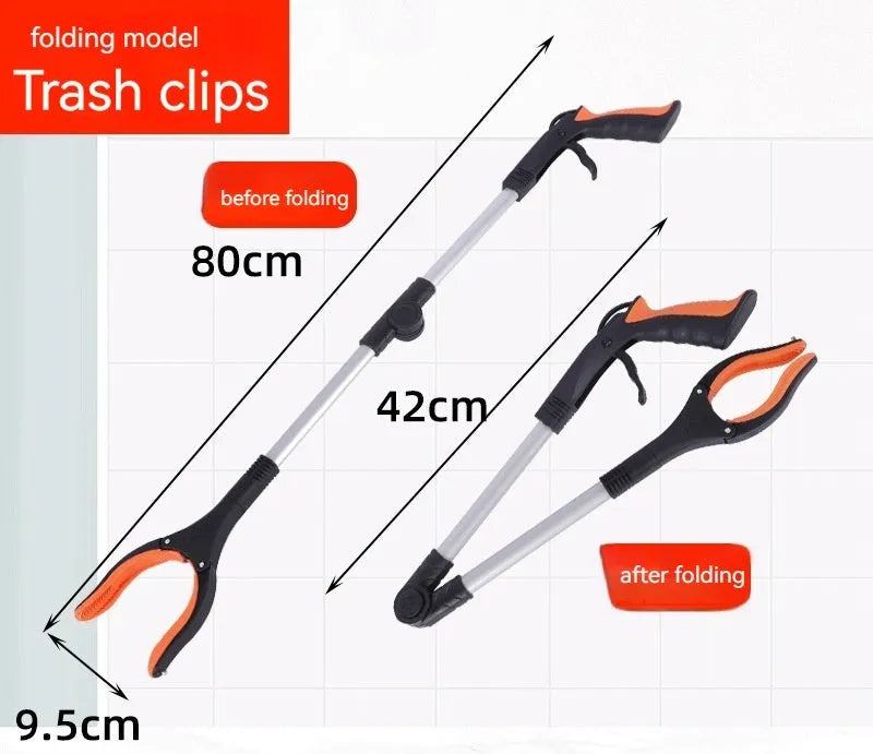 Folding aluminium alloy trash clamp with magnet sucker, shown extended to 80cm and collapsed to 42cm