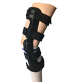 Black hinged knee pad and supporter for anterior ligament, shown with iron and plastic side hinges.