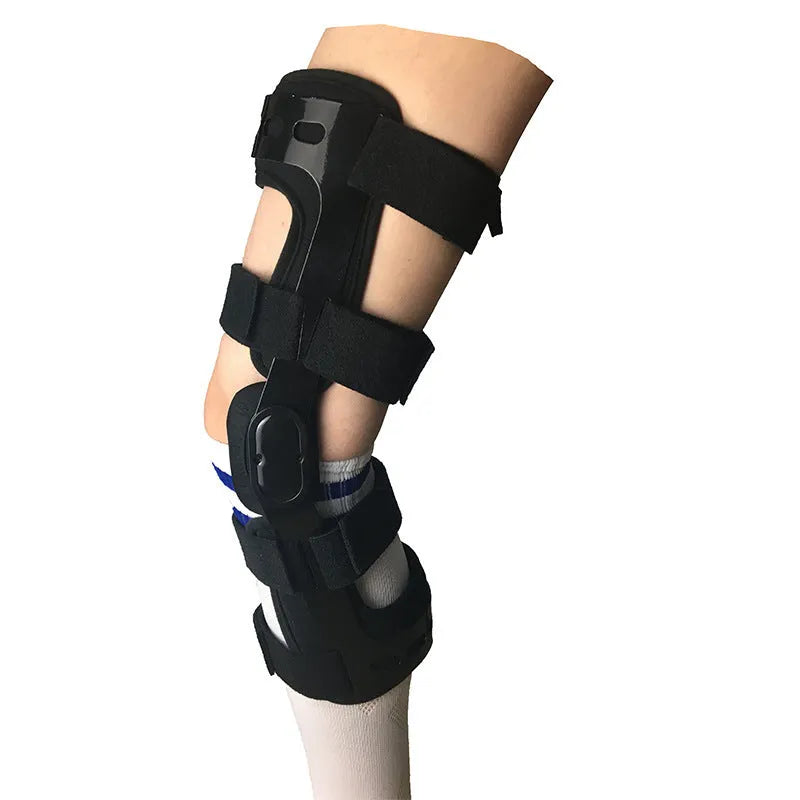 Black hinged knee pad and supporter for anterior ligament, shown with iron and plastic side hinges.