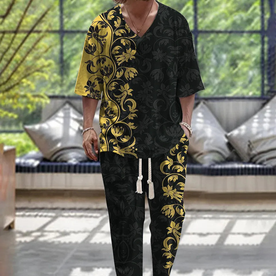 Cropped sleeve V-neck jacket and trousers suit in thin polyester fabric on a hanger.