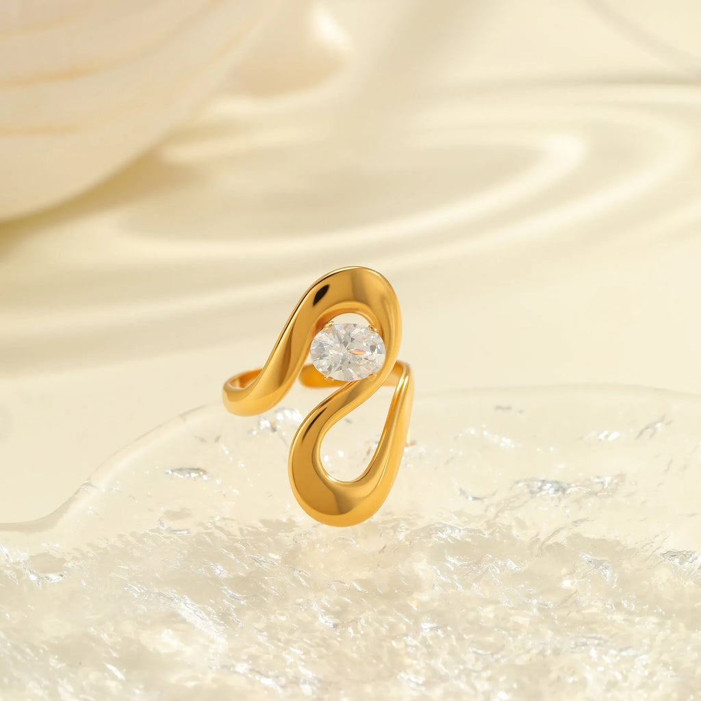 Geometric stainless steel open-mouth zircon ring for women in a silver tone.