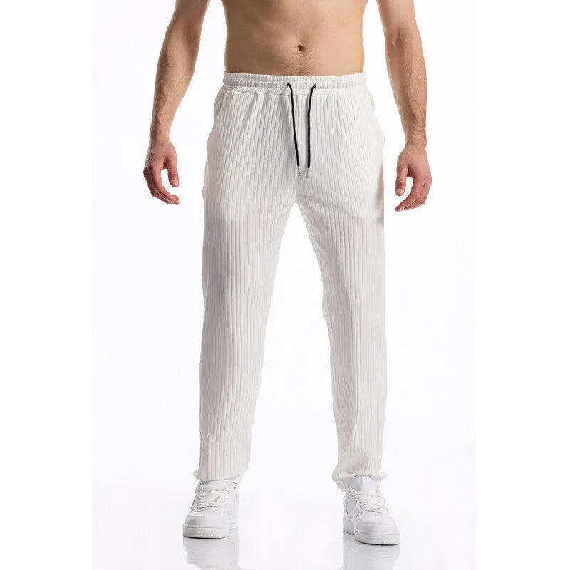 Silky rib fabric casual trousers with baggy straight-leg cut and elastic waistband