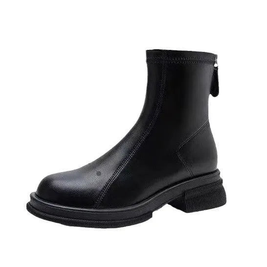 Women's black flat heel ankle boots with back zipper and round toe design