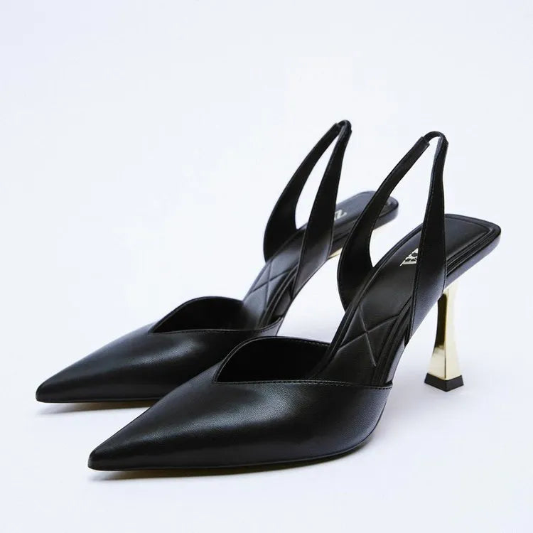 Women's patent leather pointed toe high heels in apricot colour, showcasing shallow mouth design.