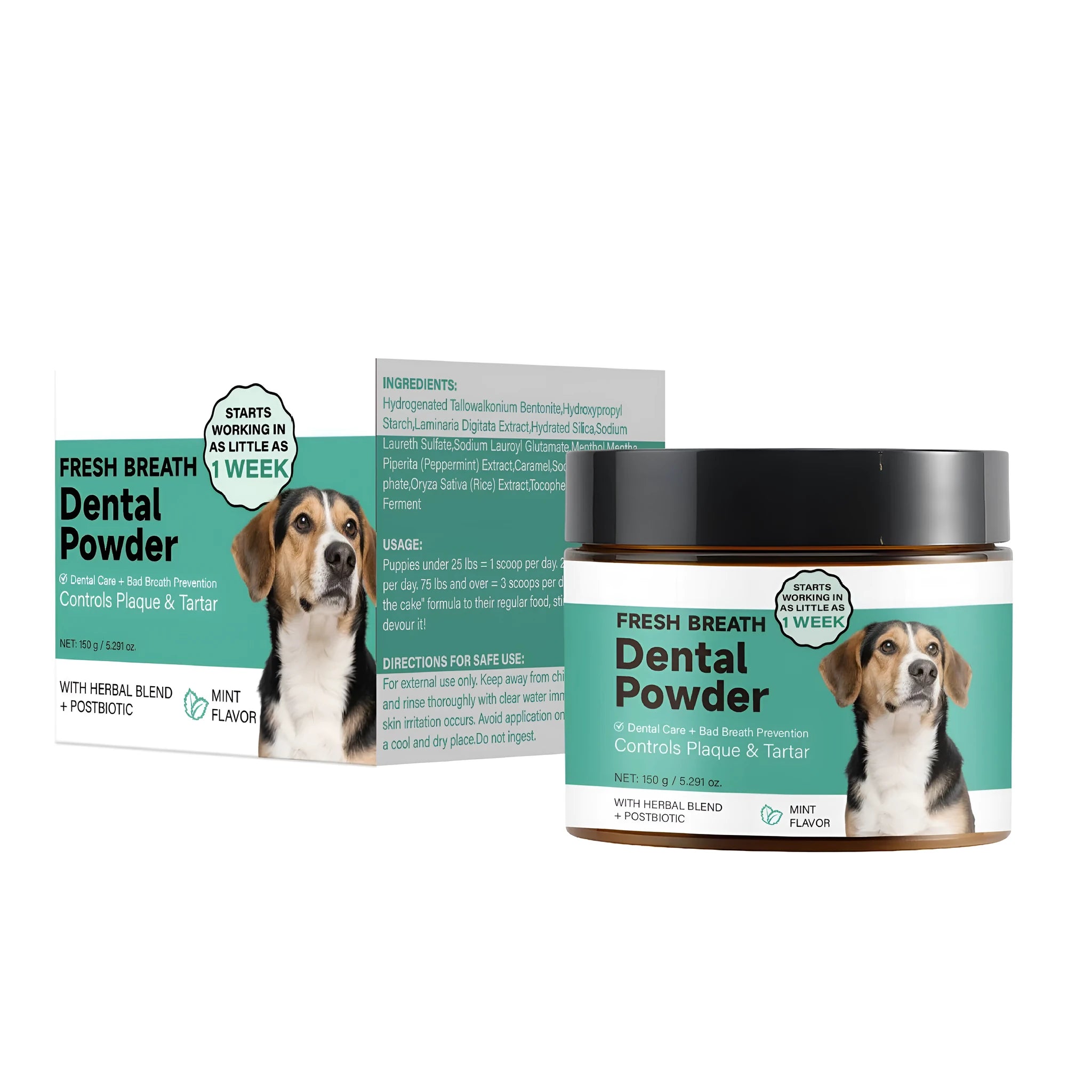 150g container of dog teeth cleaning powder for tartar control and fresh breath.