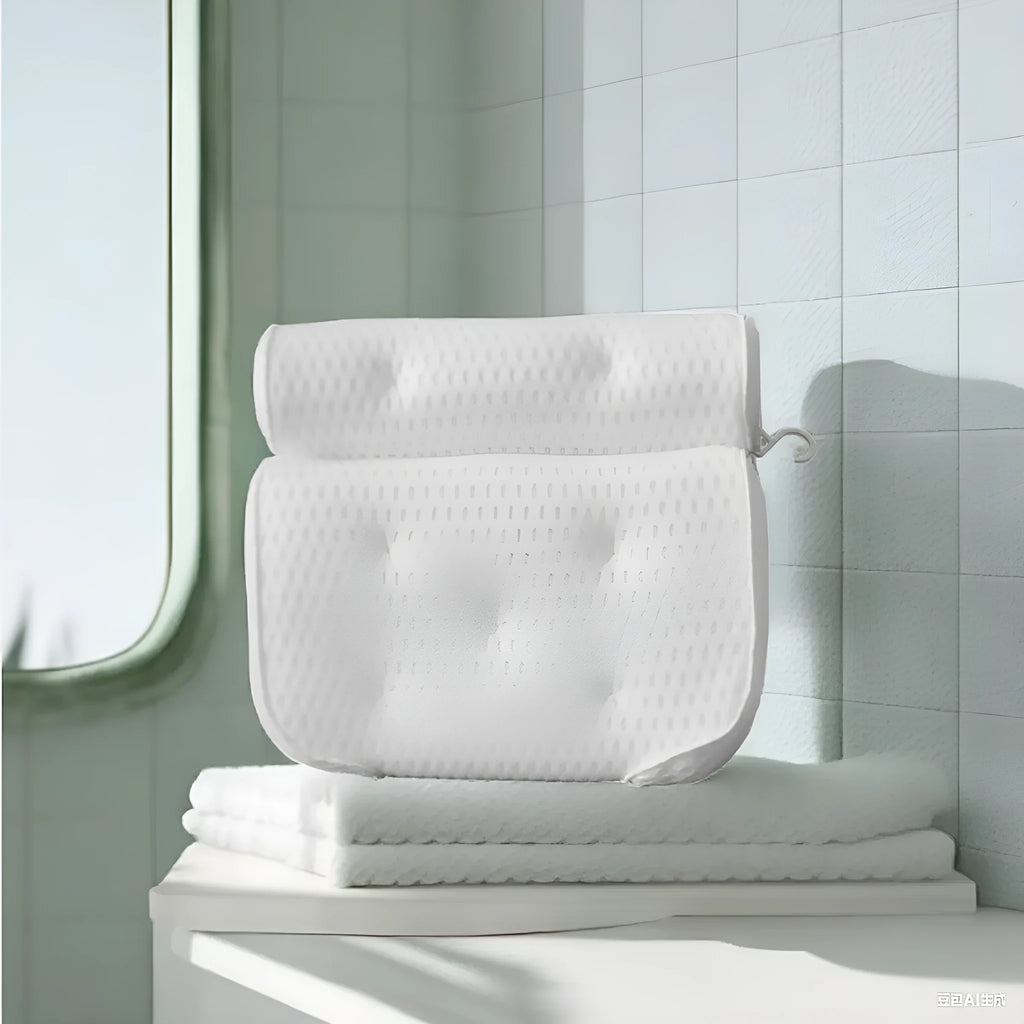 White bathtub pillow with 4D mesh and 7 suction cups on a bathtub.