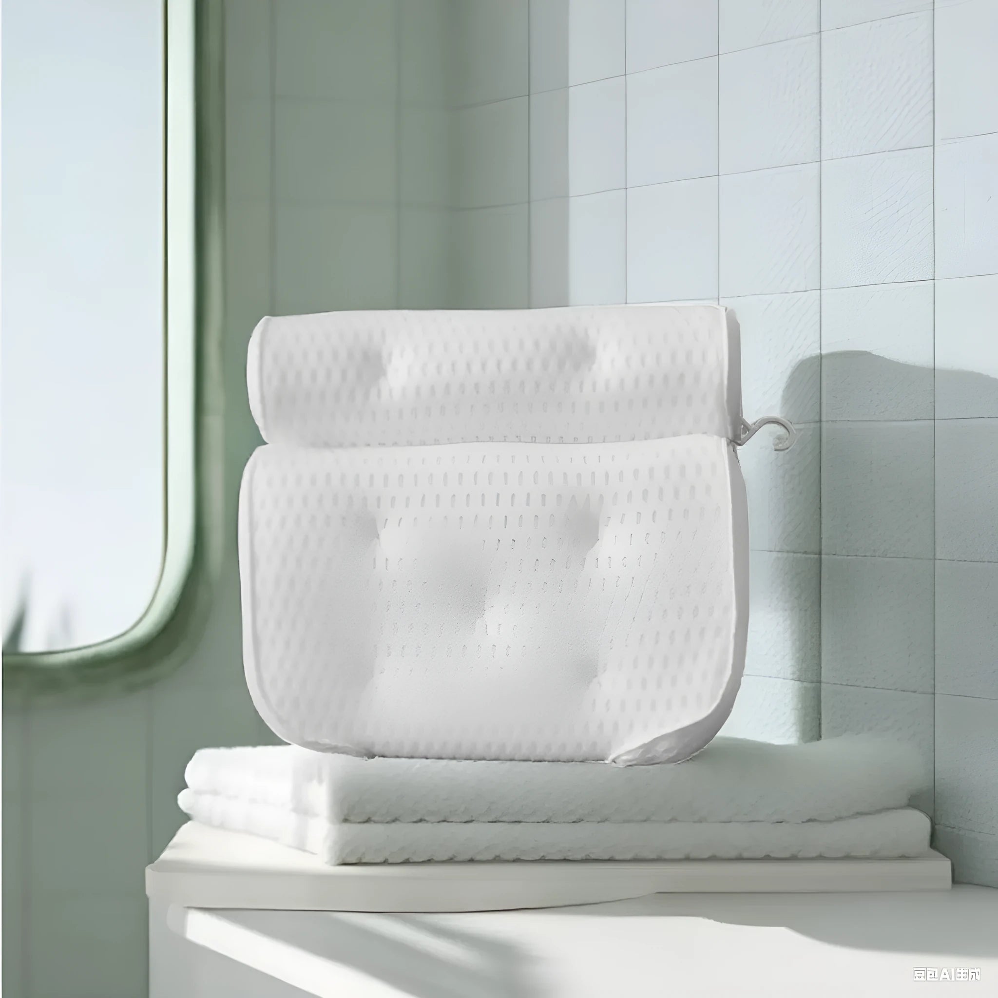 White bathtub pillow with 4D mesh and 7 suction cups on a bathtub.