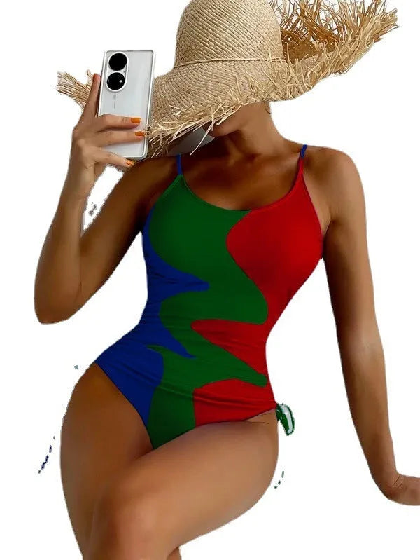 Women's sleeveless backless one-piece swimsuit in blue striped print