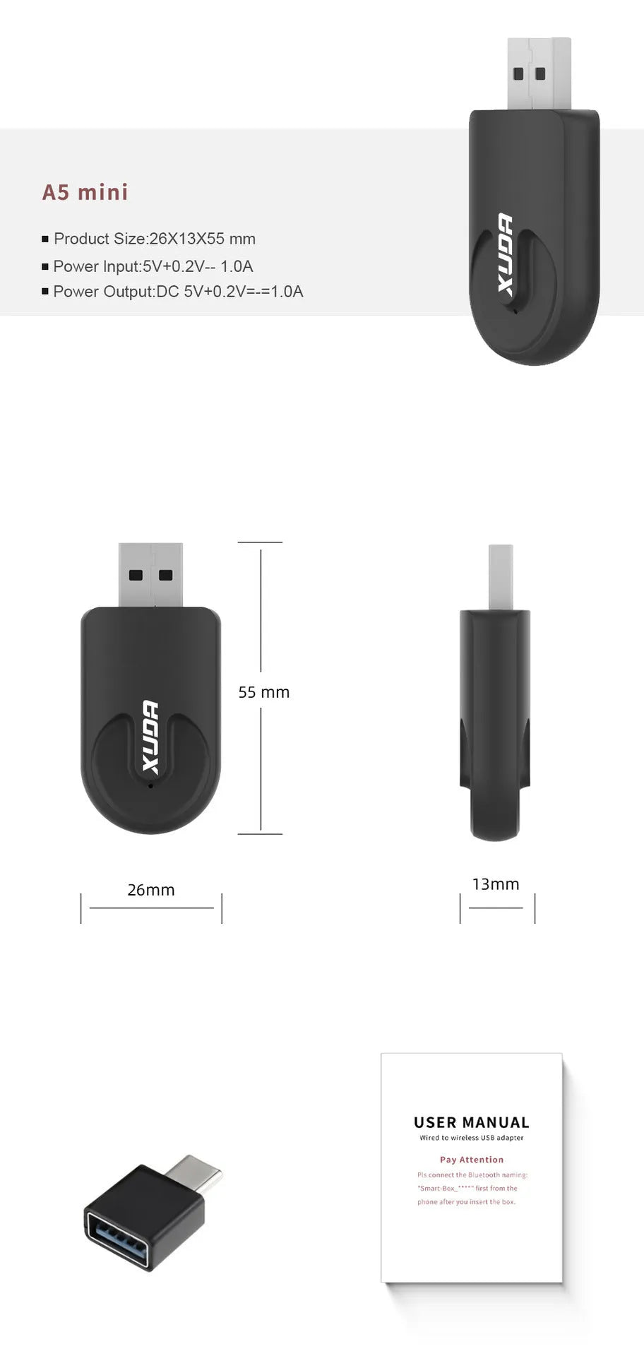 Mini black CarPlay USB wireless data adapter with compact rectangular design