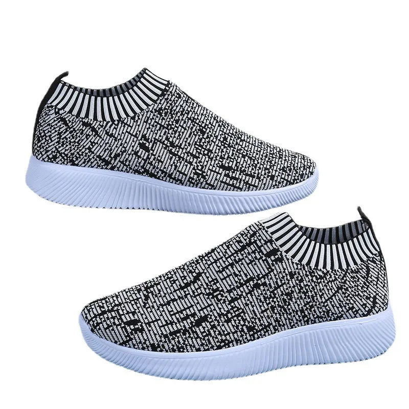 Stripe knit sock shoes for unisex running walking flat sneakers in white with EVA sole