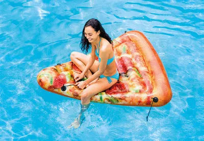 Blue pizza float surfboard inflatable recliner with red trim measuring 175cm x 145cm for pool lounging