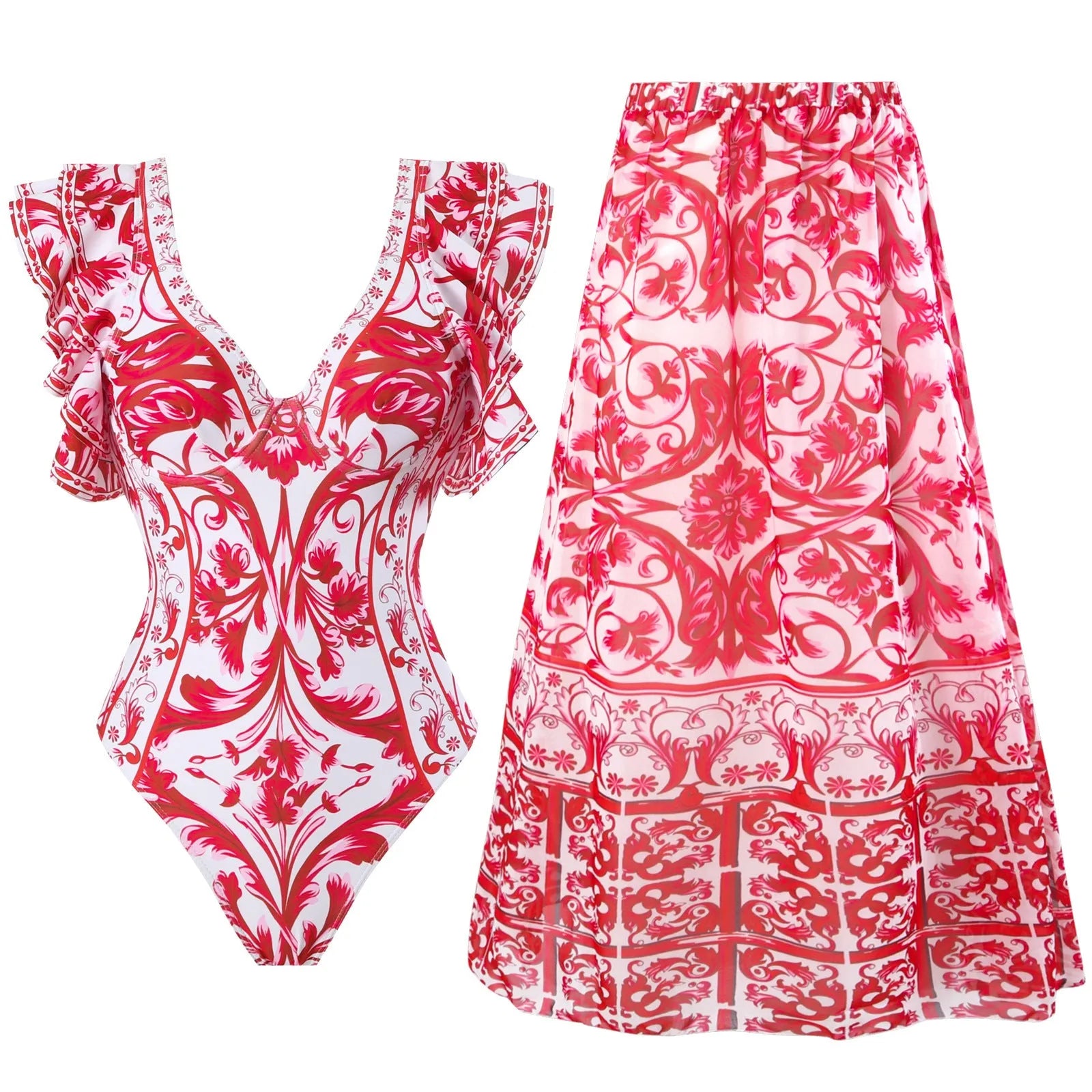 Women's floral printed one-piece polyester swimsuit on a hanger, showing skirted style.