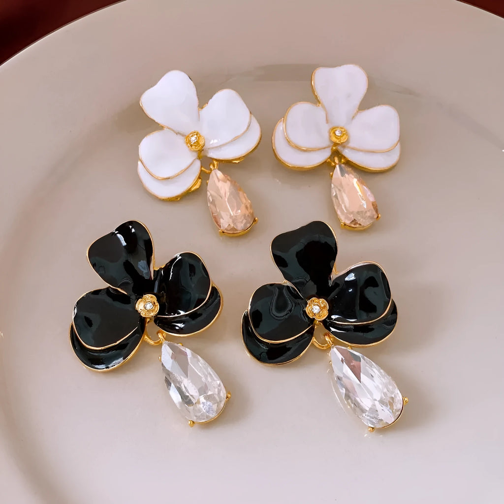 Floral pendant earrings in alloy with dripping oil finish, silver needle posts, Golden-white or Golden-black