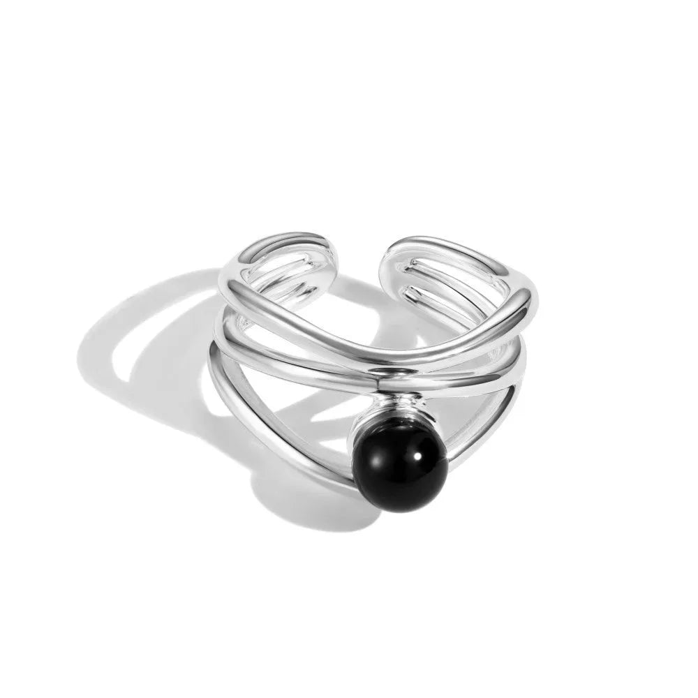 S925 sterling silver ring for women with black agate inlay geometric hollow design adjustable opening