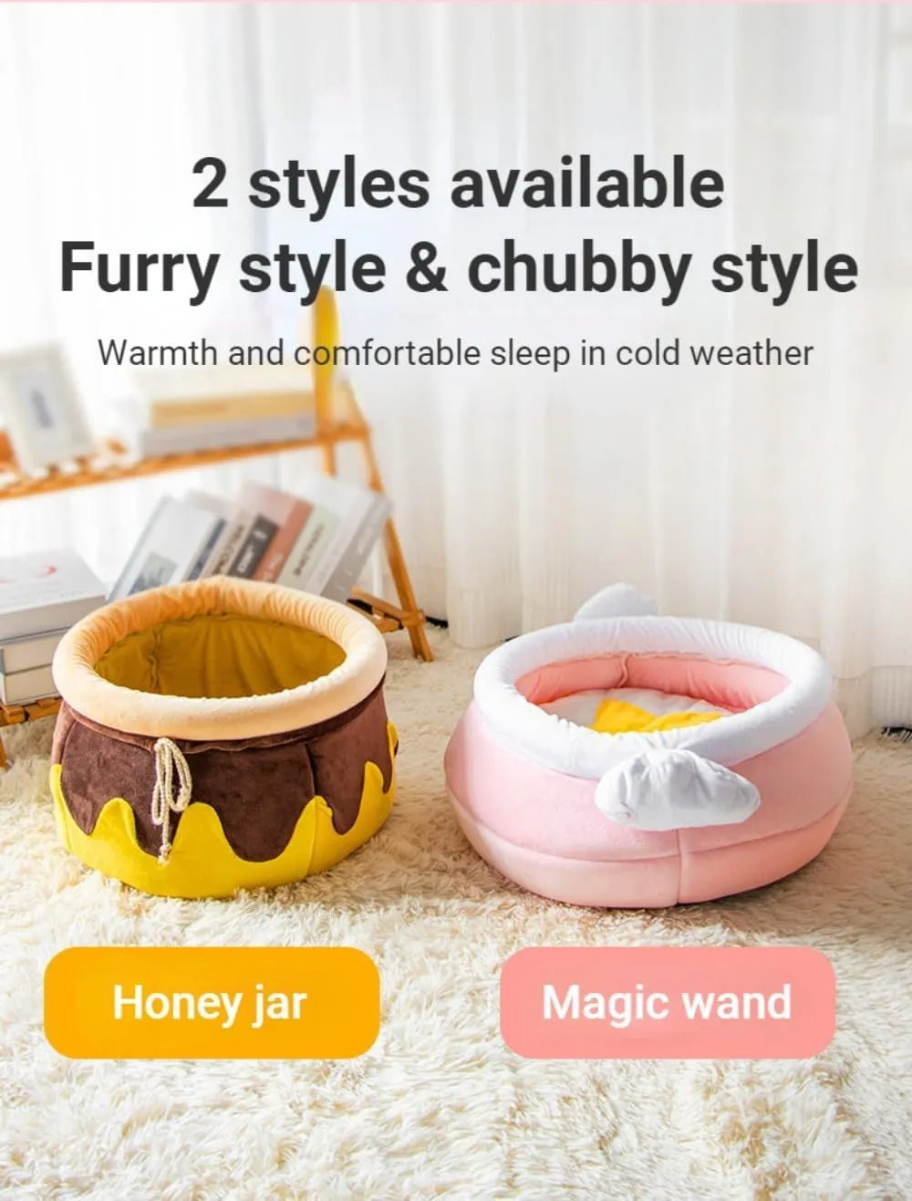 Pink honey pot-shaped enclosed cat sofa bed with a soft fabric exterior and a removable cushion.