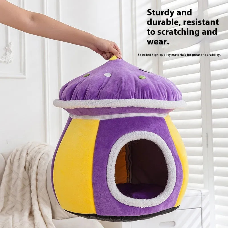 Grey mushroom-shaped plush cat bed with a detachable blanket inside, showing enclosed design.