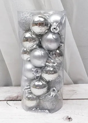 Set of 24 shiny and matte finish Christmas ball ornaments in assorted colours, each 3cm in diameter.