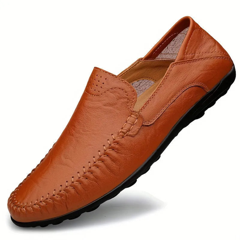 Men's cowhide leather shoes with round toe and flat heel in black, brown, and dark brown colour options