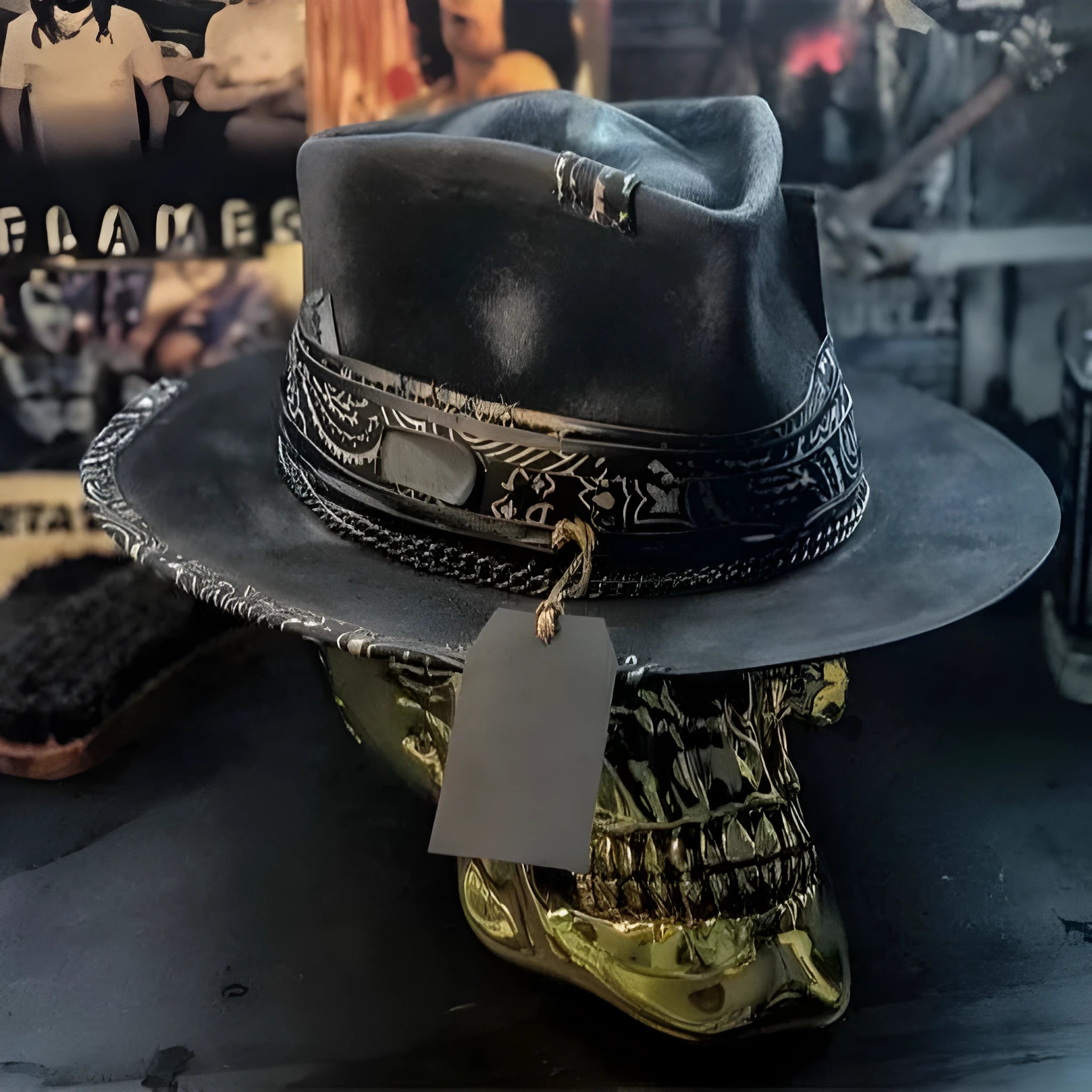 Handmade black wool felt skull hat with conical crown and textured denim-like finish.