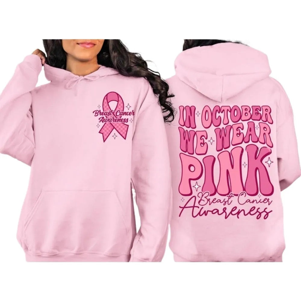 Pink Breast Cancer Awareness hoodie with retro design and side pocket