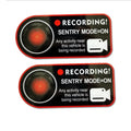 Tesla Sentry Mode warning stickers with electrostatic PVC construction measuring 11x5 cm