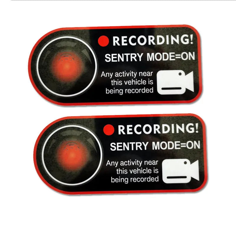 Tesla Sentry Mode warning stickers with electrostatic PVC construction measuring 11x5 cm