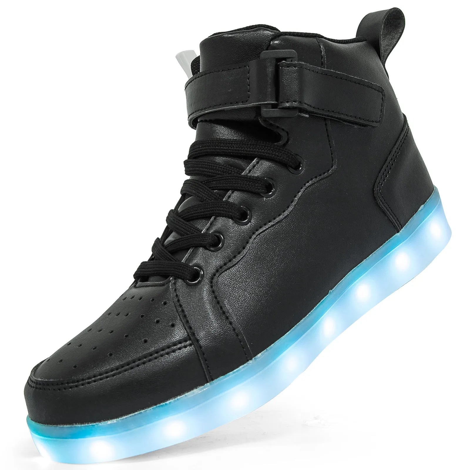 A pair of black high-top LED sneakers with Velcro straps and lights glowing in the rubber sole.