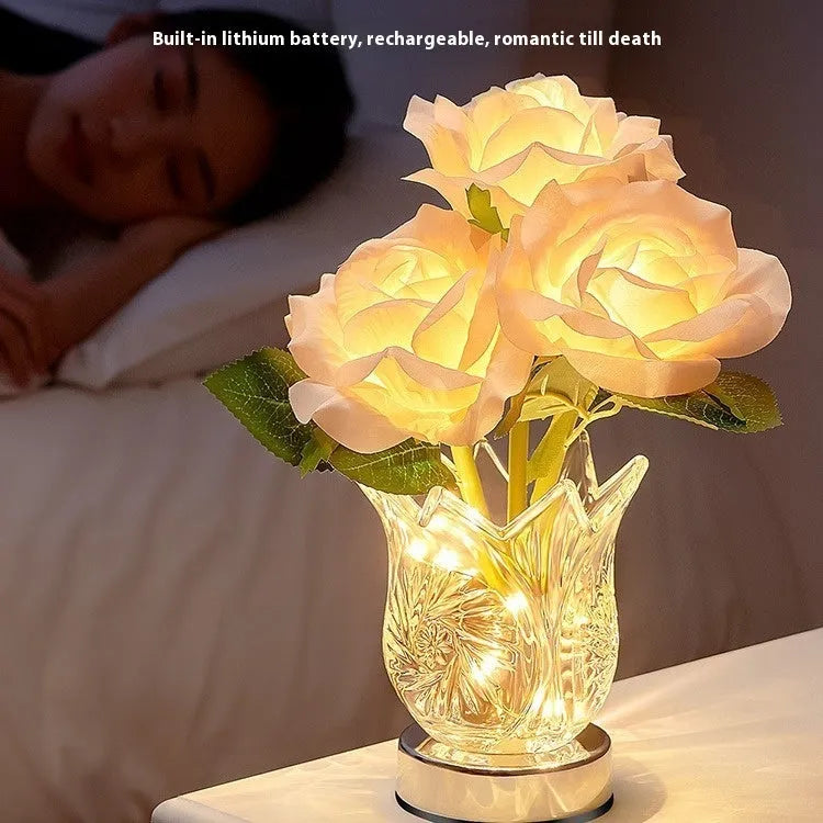 Modern crystal flowers table lamp with touch dimming control on wooden bedside table