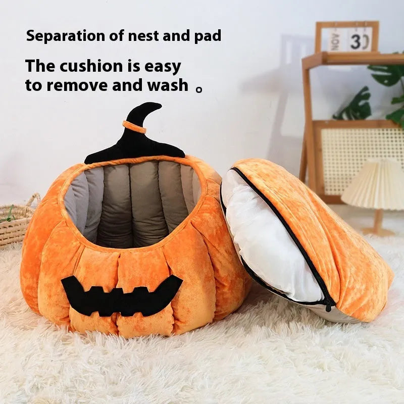 Orange and black pumpkin-shaped pet nest for cats with soft cloth fabric