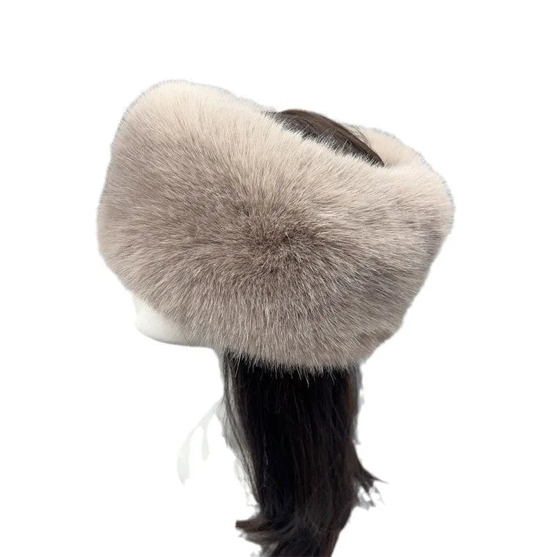Antique white ethnic style knitted hat without top, acrylic dome crown beanie, average size with elastic inside
