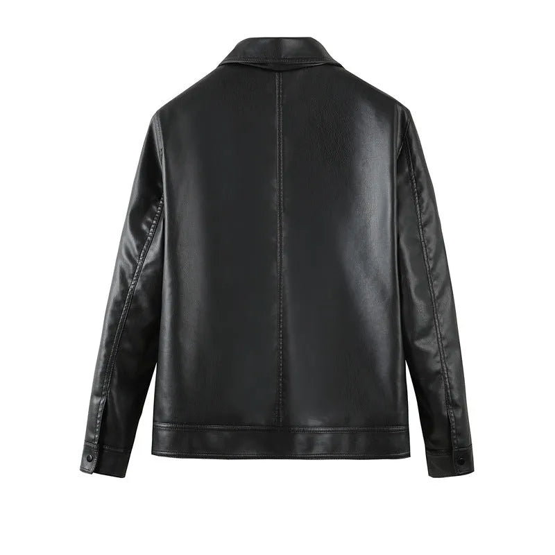 Men's black PU leather casual jacket with zipper pockets shown in loose fit design