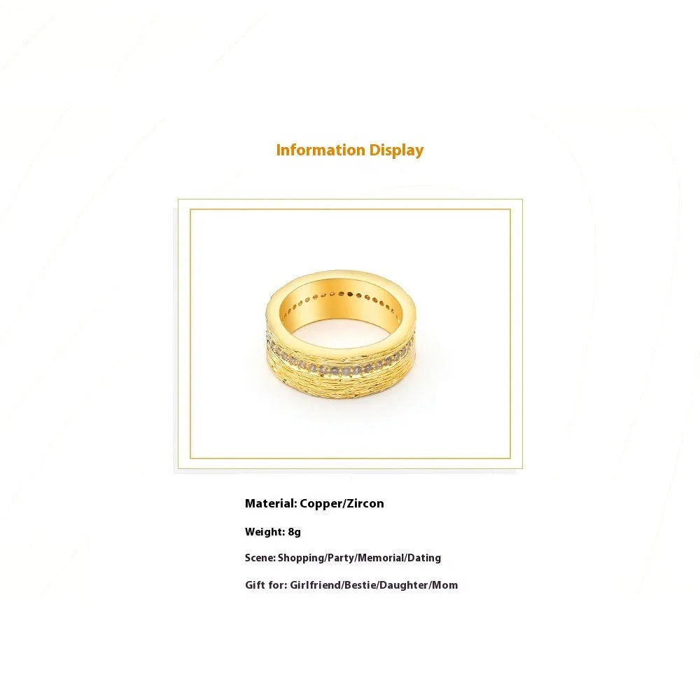 Gold geometric zircon ring for women on a white background, showing electroplated copper construction.