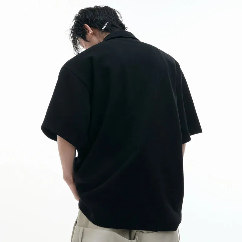 Men's loose fit deconstructed collar short sleeve shirt with giant land turtle graphic geometric pattern.