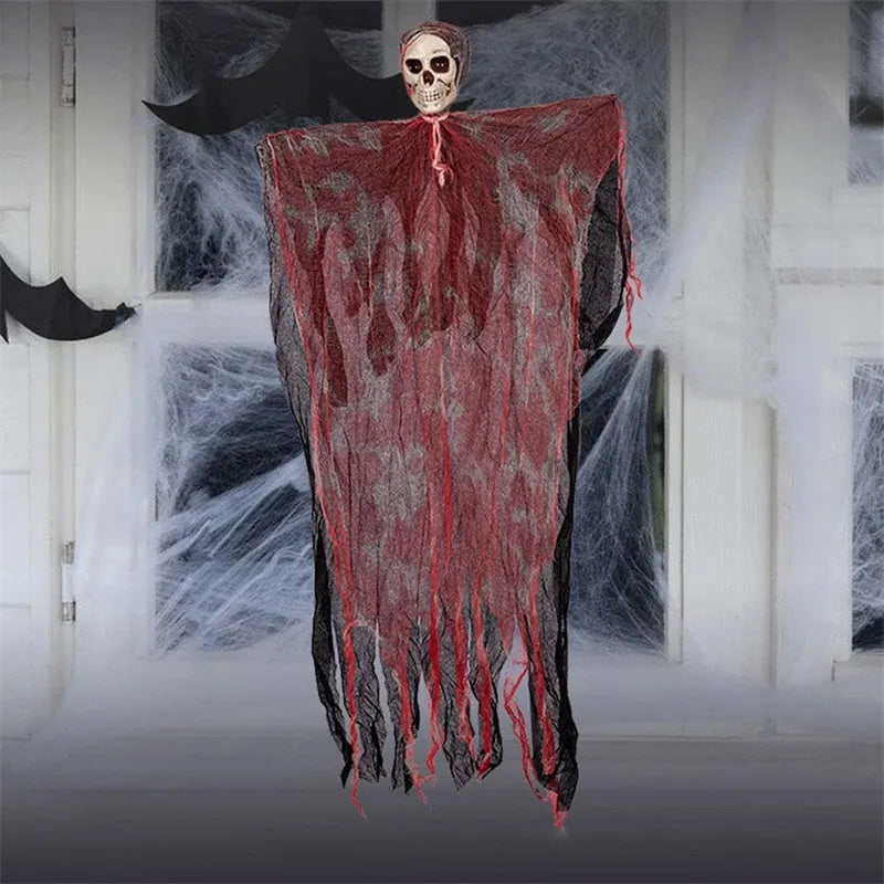 Halloween hanging ghost pendant with realistic skull face and wavy ghost clothes