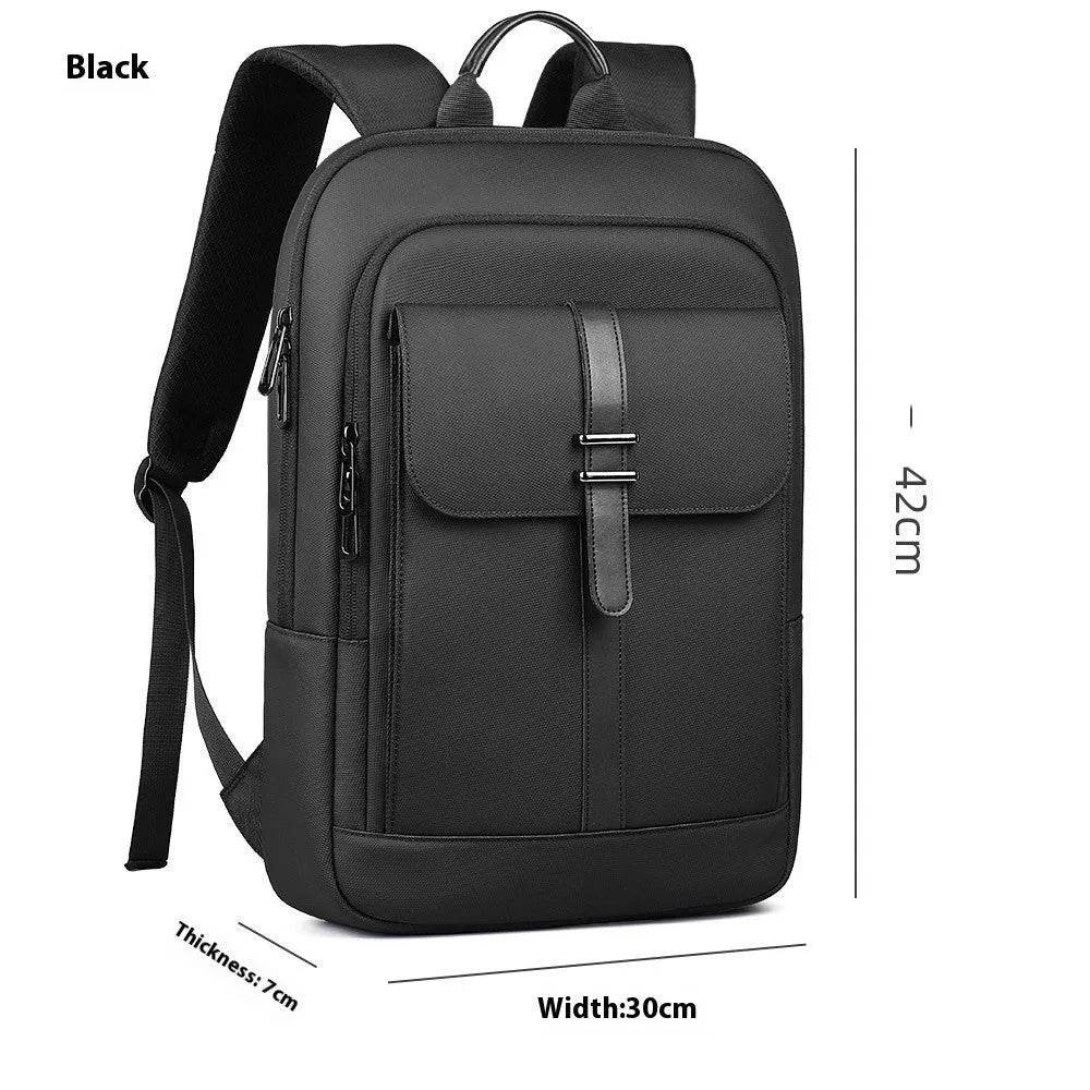 Solid black Oxford cloth backpack with sewing line details for business commute