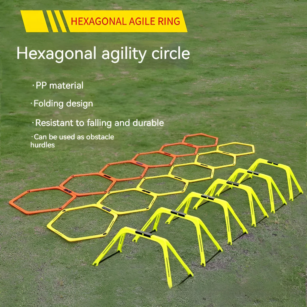 Set of six foldable hexagon football agility training rings in yellow, green, and orange colours.