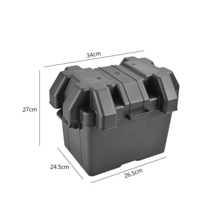 Black PP plastic battery storage box with strap and base screw fixing system shown in two size options