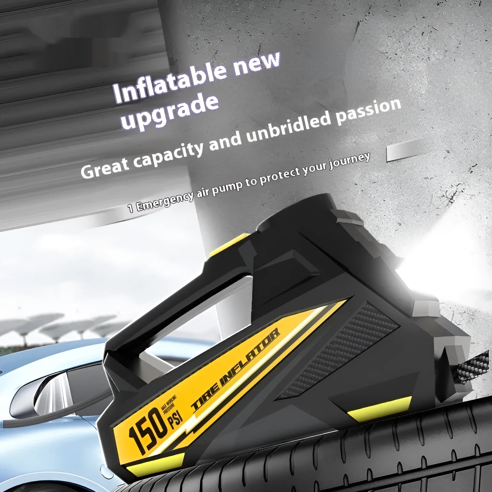 Black portable digital tyre inflator with LED light and 12V power cable for vehicles