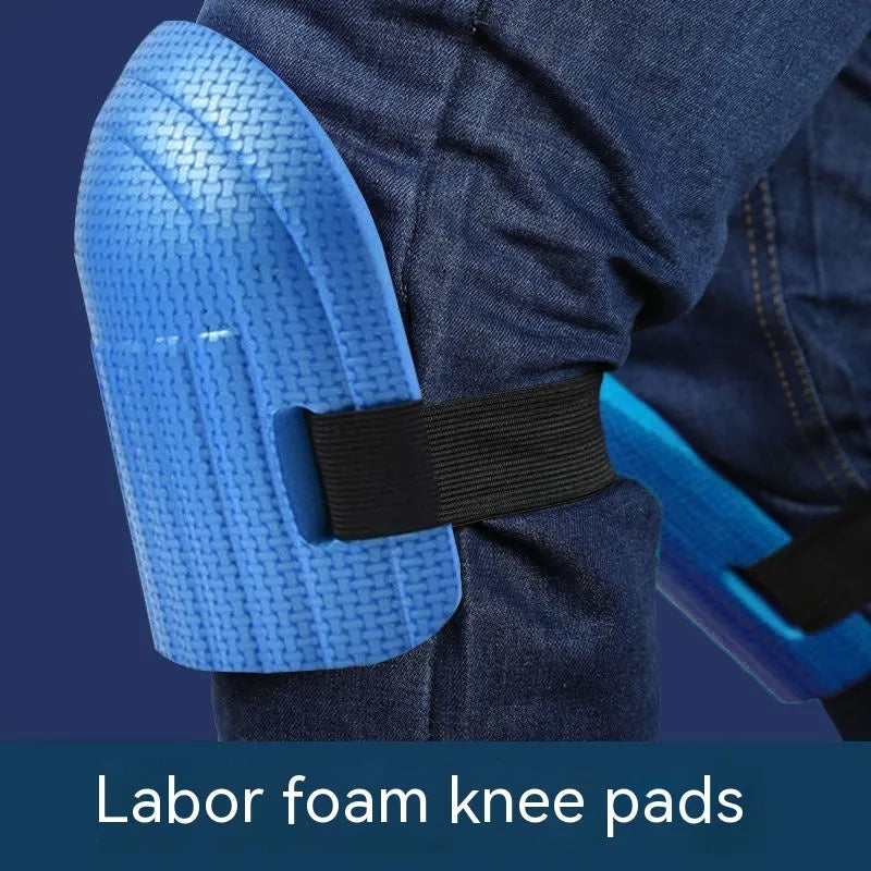A pair of thick EVA foam kneepads in blue, designed for kneeling protection during auto repair or construction work.