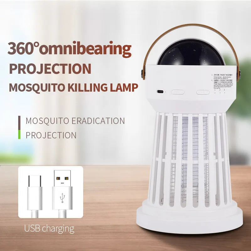 White 2-in-1 electric mosquito killer lamp with star projection feature and folding handle