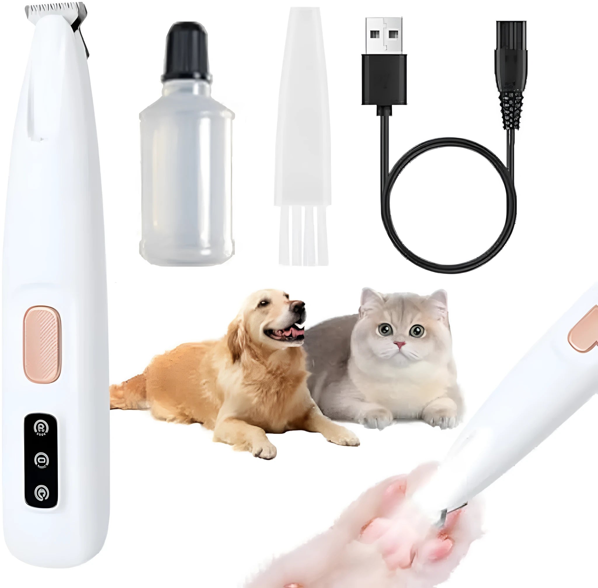 White electric dog paw trimmer with LED light showing 17.7cm length for pet grooming